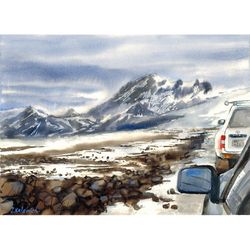 jeeping on a glacier. iceland landscape original watercolor painting 10.6x14.5