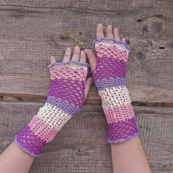 Cotton lace gloves lilac cotton mittens Crochet Fingerless gloves