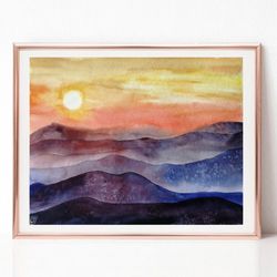 Modern Landscape Watercolor Painting, Sunset Art Mountain Painting, Original Art, Best Wall Art for Living Room