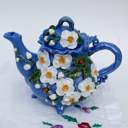 blue and white porcelain teapot jasmine flowers handmade teapot with decor bee beautiful art teapot ,gift mom