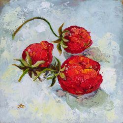 Strawberry Painting Three Berries Original Art Berry Still life Oil Red Strawberry Small Artwork