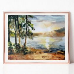 Pine Tree Forest Landscape Watercolor Painting, Sunset Art, Original Art for Sale, Best Wall Art for Living Room