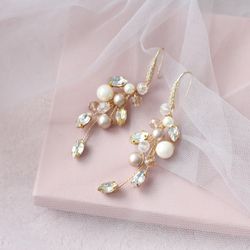 Champagne and ivory earrings bridal / Pearl and Crystal earrings / Wedding earrings / Vine earrings for bride e76