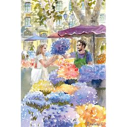 flower market in provence. original watercolor painting 10.7x7''