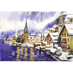 Hallstatt in Winter Christmas landscape. Original watercolor painting 7.4x10.7''