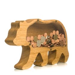 Adult piggy bank GRIZZLY BEAR Wood money box for girls boys Montessori wooden toy Personalized coin bank organic glass