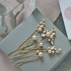 Champagne Bridal Hair Pin set / Gold Wedding Hair Accessories for Bride / Pink Pearl Wedding Hair Pins  p20