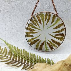 Ferns wall hanging Resin wall decor with dried fern leaves Green wall hanging housewarming gift