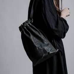 Dark grey matte leather drawstring bucket shoulder bag / Elephant blue genuine leather designer bucket sling bag