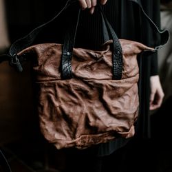 Brown genuine textured leather shoulder bag / Designer crumpled leather crossbody bag