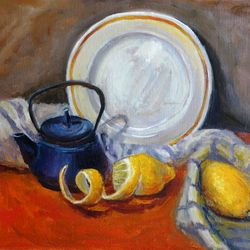 Lemon Painting Oil Kitchen Original Art Food Artwork Still Life Canvas Art