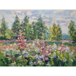 Landscape Painting Meadow Summer Original Art Canvas Oil Artwork Blooming Wildflower Wall Art