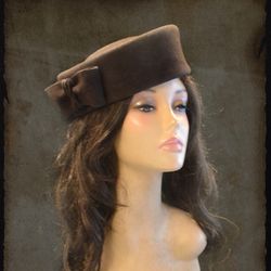 brown pillbox hat, brown winter hat, brown felt hat, guest wedding hat