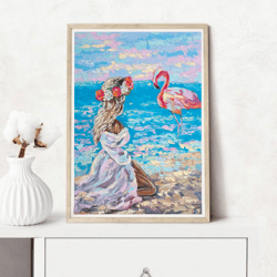Flamingo Painting Original Art Impasto Oil Painting Beach Painting Seascape Art Canvas Wall Art