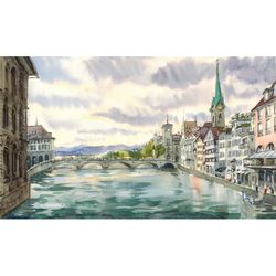 view on zurich from the bridge. switzerland landscape. original watercolor painting 8.6x14.7''