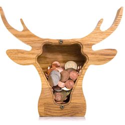 DEER head wood piggy bank Elk moose home decor Christmas gift for boy girl kids Adult money box Unique baby gift Tip jar