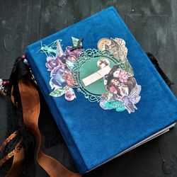 Moon witch junk journal handmade Witchy junk journals for sale  with flowers Thick chunky blue notebook