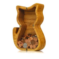 Wooden CAT piggy bank Kitten figurines Personalized cat dad coin bank for boys girls adult Montessori Waldorf kids toy