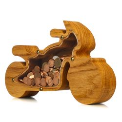 Wood piggy bank MOTORCYCLE Montessori wooden bike Adult boy girl coin bank Inspirational kids gift Motorbike money box