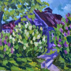Landscape Painting, Nature Original Art, Wall Art, blooming lilac painting