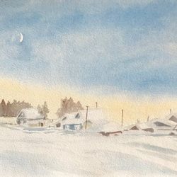 Winter village original watercolour painting