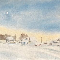 winter village original watercolour painting
