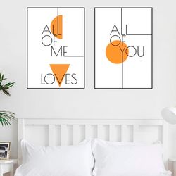 All of Me Loves All of You Digital Print Set of 3 Above Bed Decor Couple Bedroom Art Printable Wall Art Couple Quotes