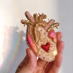 Brooch anatomical Heart Beaded Boho handmade beads, human heart pin
