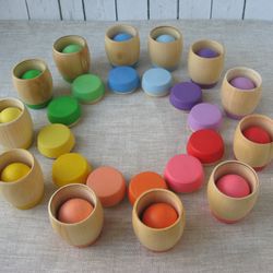 Rainbow Wooden Toy Barrels with balls, Color sorting game, Toddler birthday gift, fine motor skills, natural wooden toy