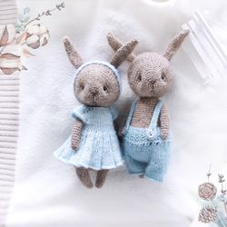 Set of couple rabbits, Woodland stuffed animals, Bunny dolls with clothes, Sky blue nursery decorative toys, Cute toys
