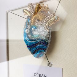 Brooch anatomical Heart Embroidered handmade beaded, human heart ocean pin