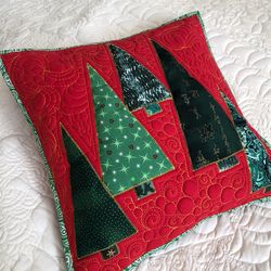 Quilted Christmas pillowcase, Christmas trees quilted, Xmas decorative pillow, Red pillow cover, Winter quilted items