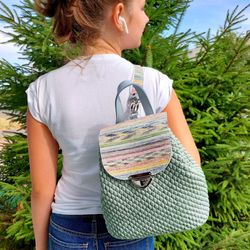 Sage green backpack purse for girl and women Cute convertible hand-woven tote backpack Gift for granddaughter