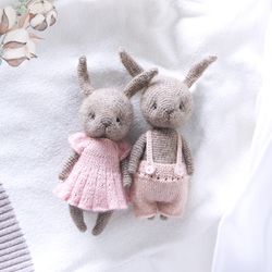 Set of couple bunnys, Woodland stuffed animals, Rabbit Bunny dolls with clothes, Pink nursery decorative toys, Cute toys