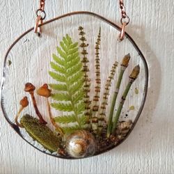 Pressed flower frame with ferns and mushrooms Mushroom decor wall hanging cottagecore