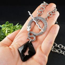 Silver Snake Necklace Black Swarovski Crystal Geode Snake Toggle Large Silver Chain Pendant Necklace Woman Jewelry 8093