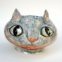 cheshire cat ceramic pot alice in wonderland decorative vase animal pot, cat sculpture, ceramic cat bowl,candy bowl