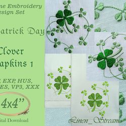 Clover napkins 1, 2 Machine embroidery design in 7 formats and 1 sizes. Can be used to decorate table linen or clothes.
