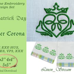 Clover Corona.A Celtic symbol depicting two hands holding a crowned heart.Machine embroidery design in 7 formats and 3 s