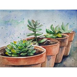 succulent painting cactus original art watercolor painting flower in a pot art floral artwork plant wall art by alyonart