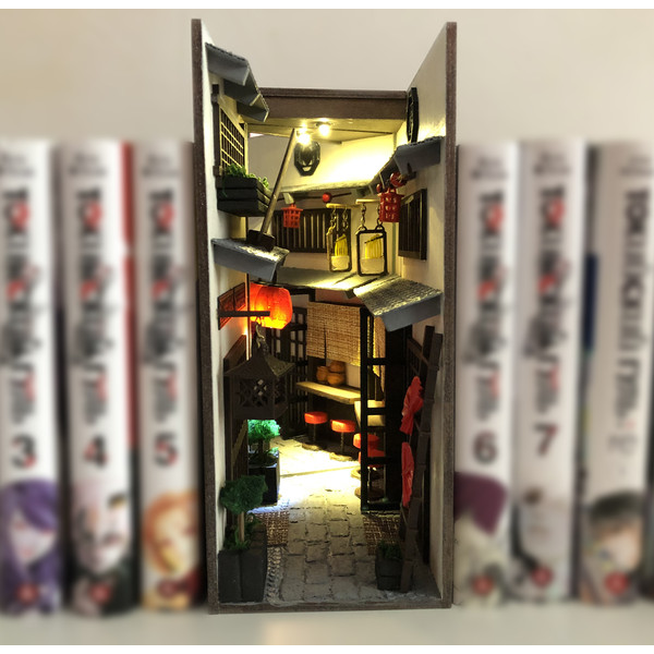 Book nook bookshelf insert Japan Street Book END library decor Miniature between books Bookshelf diorama.jpg