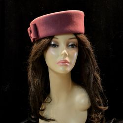 pink pillbox hat, pink winter hat, pink felt hat, guest wedding hat