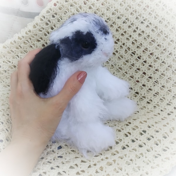 Realistic stuffed rabbit, black and white rabbit pet replica | Inspire ...