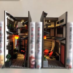 Set of 2 Book nook bookshelf insert Old Japan alley Bookshelf diorama Made to ORDER Miniature world between books