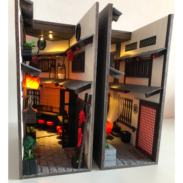 Set of 2 Book nook bookshelf insert Old Japan alley Book END Miniature world between books Bookshelf diorama 2.JPG