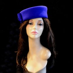 royal blue pillbox hat, royal blue winter hat, blue felt hat, guest wedding hat