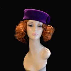 purple pillbox hat, purple winter hat, purple felt hat, guest wedding hat