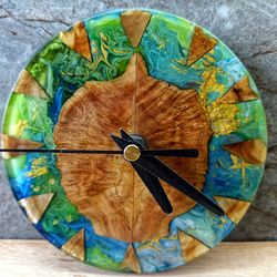 Small silent clock wood and resin 5" Burl wood and resin wall or shelf clock OOAK