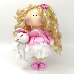 Textile art doll, Rag doll with bunny, Soft fabric puppe, Hand sewn tilda, Interior decor doll, Cloth handmade tilda