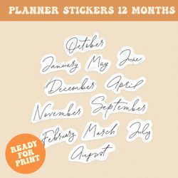 12 months printable planner stickers handwritten calligraphy png + 2 sticker sheets